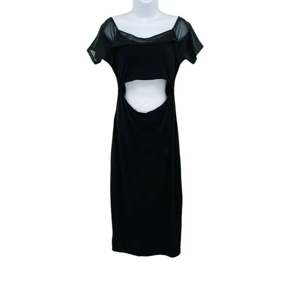 NEW Good American Off the Shoulder Cut Out Mesh Midi Dress Black - Picture 5 of 14